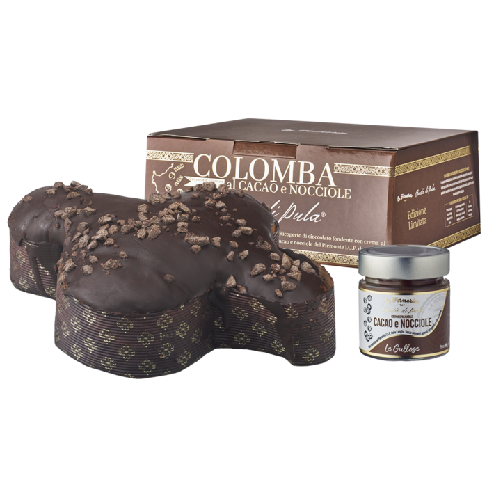 Colomba ricoperta di cioccolato fondente e pepite di Modica I.G.P. con vasetto di crema di cacao e nocciole del Piemonte I.G.P. 1 Kg - 1 cartone da 5 Pz