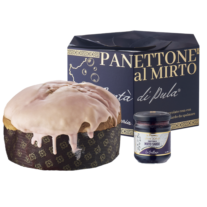 Panettone ricoperto di cioccolato rosa con vasetto di confettura di mirto 960 g - cartone da 6pz